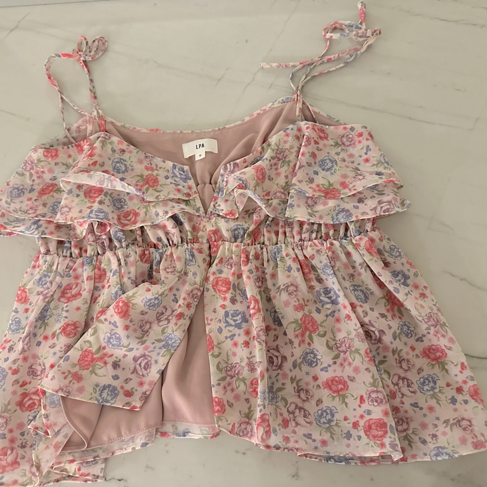 LPA size S ruffled spaghetti, strap top. Flower print.